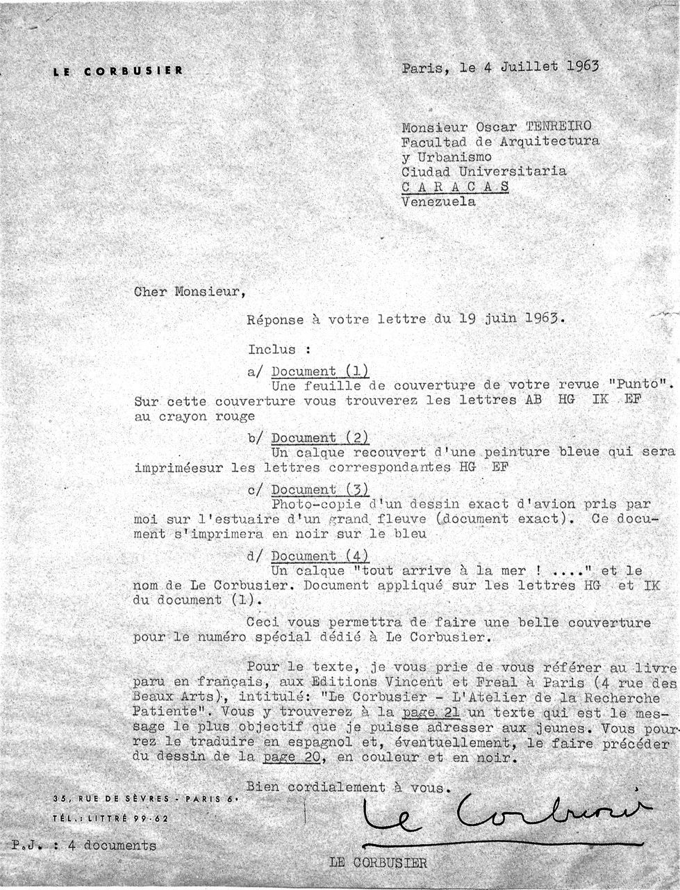 Carta respuesta de Le Corbusier con las instrucciones para el ensamblaje del dibujo