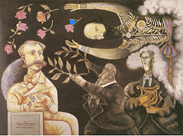 Alegoría de la Delpiniada , cuadro de Pedro León Zapata. A la derecha arriba Guzmán Blanco. En su trono de homenaje el poeta Delpino y Lamas.