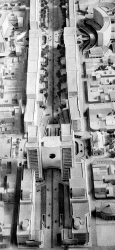 Dos vistas de la maqueta de la Ave. Bolívar, presentada en 1949 y publicada en una separata de la revista Elite